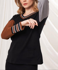 Angel Apparel V-Neck Color Block Sweater in black multi - women's sweater - detail view