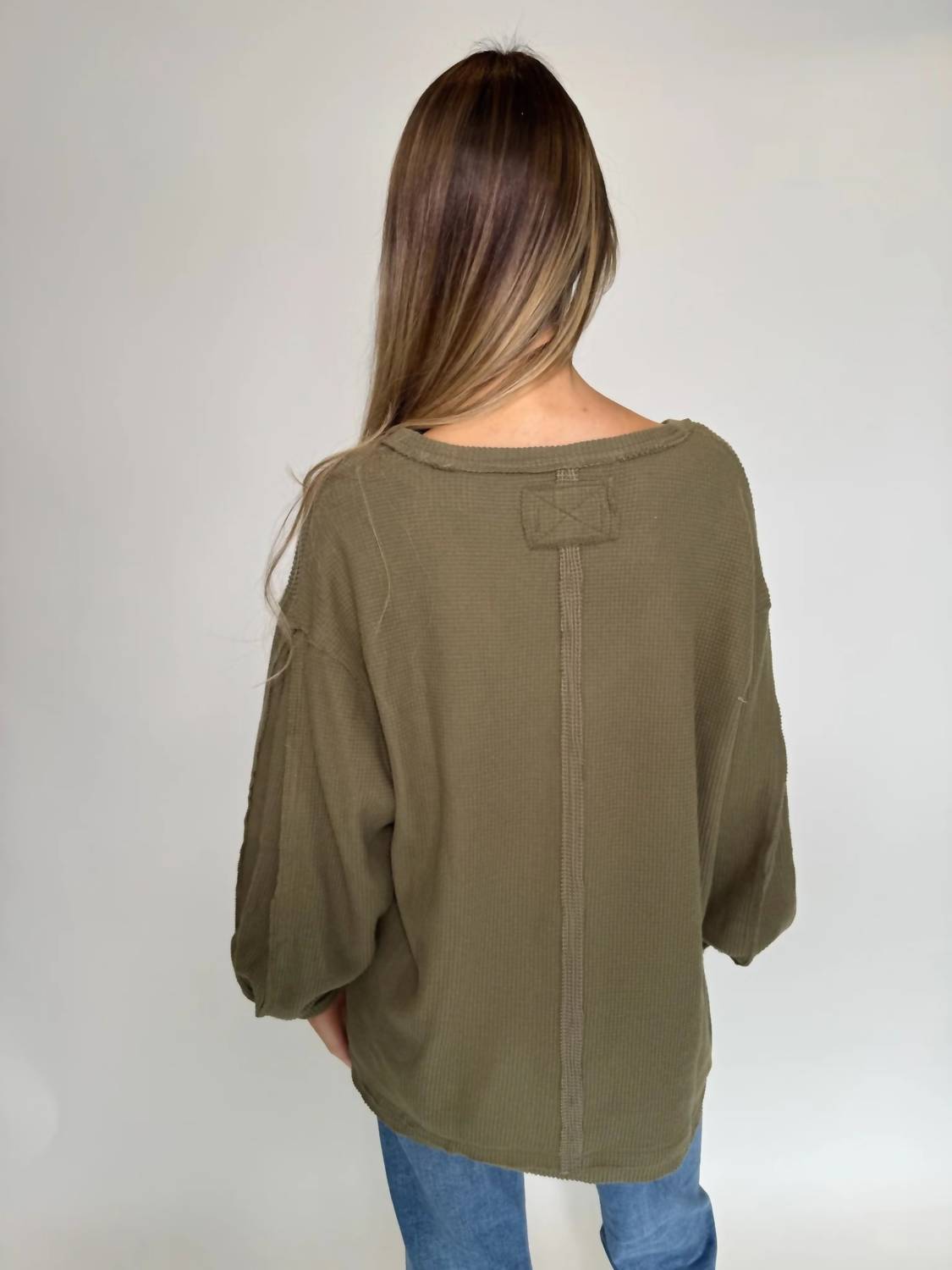 Free People Coast 2 Coast Thermal Top in gothic olive cross - women's long sleeve top - detail view
