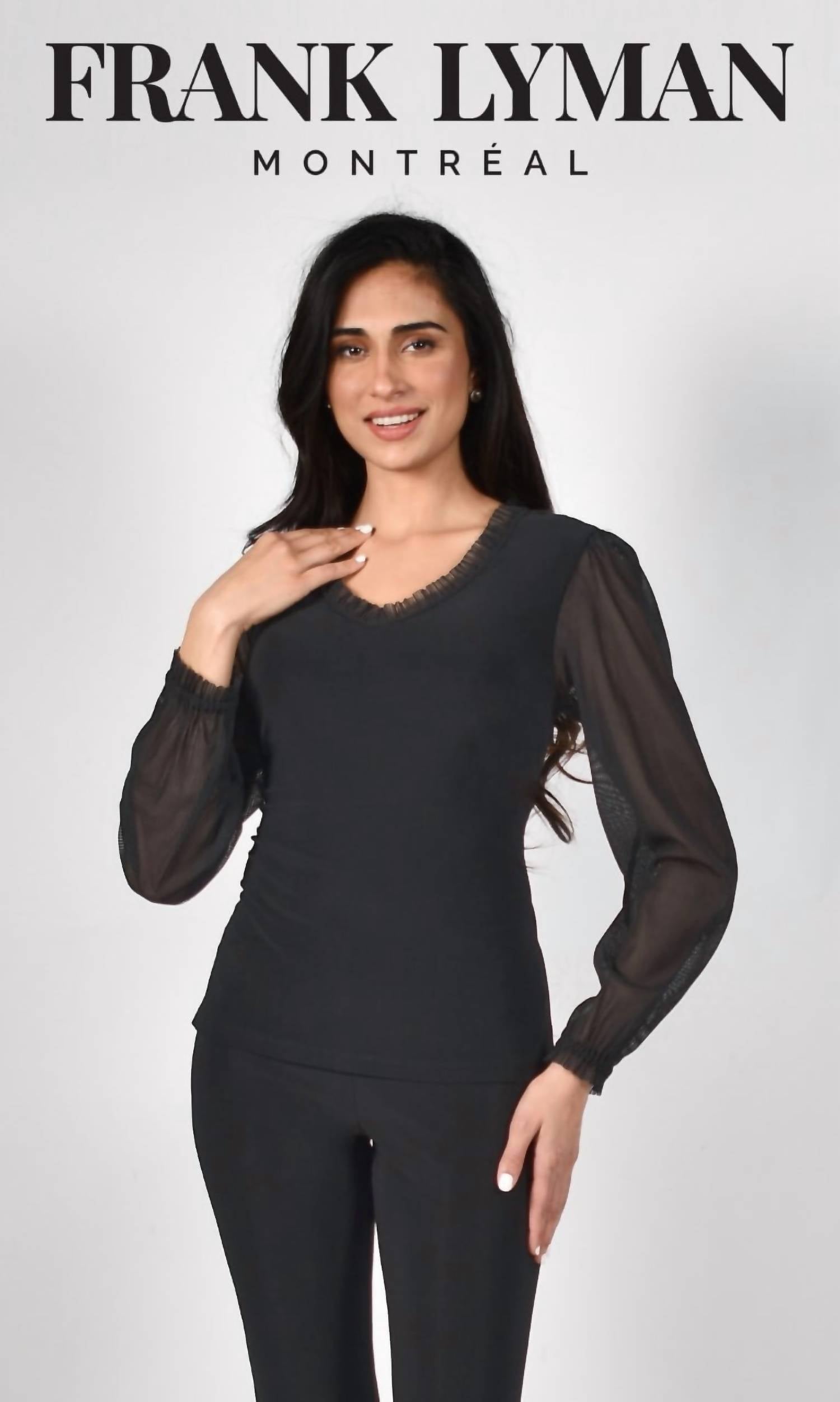 Sheer Sleeve Ruffle v neck top