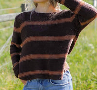 Wooden Ships Mare Striped Chunky Crew Cotton Top in chocolate ale golden brown - women's sweater