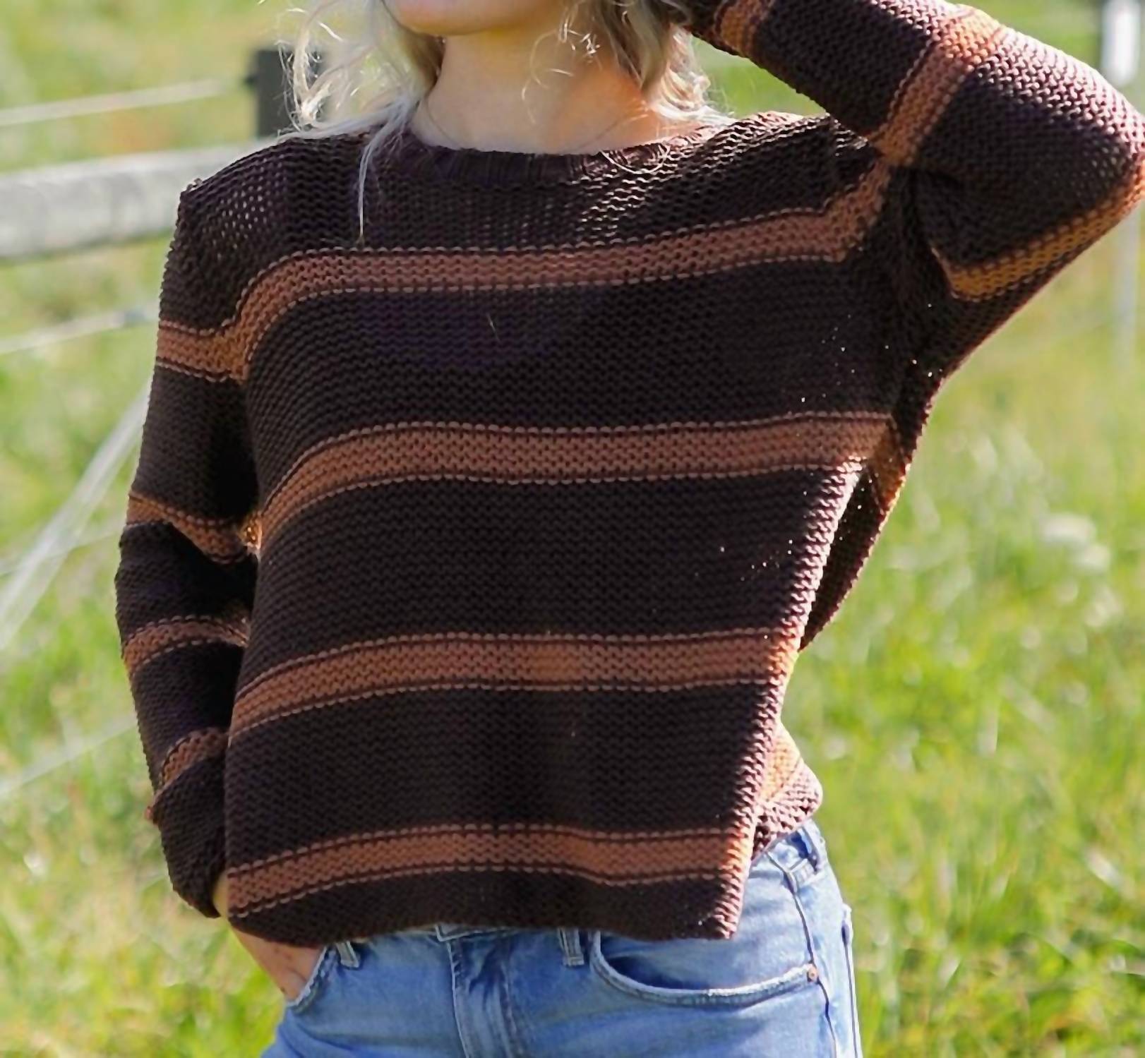 Wooden Ships Mare Striped Chunky Crew Cotton Top in chocolate ale golden brown - women's sweater