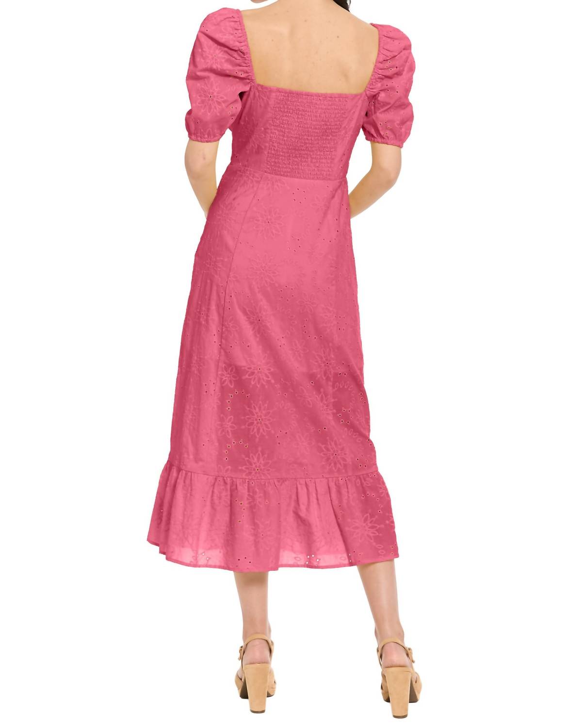 LONDON TIMES Square Neck eyelet Midi Dress in pink lemonade - women's dress - detail view