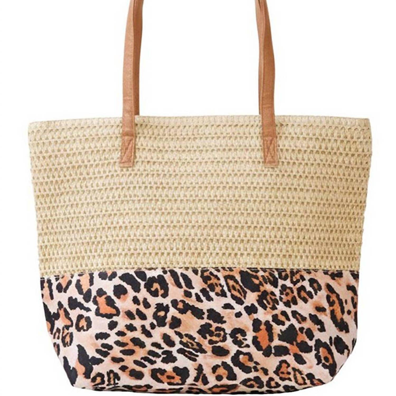 3Am By H&D Accessories - Women's Woven Straw & Leopard Print Tote Bag