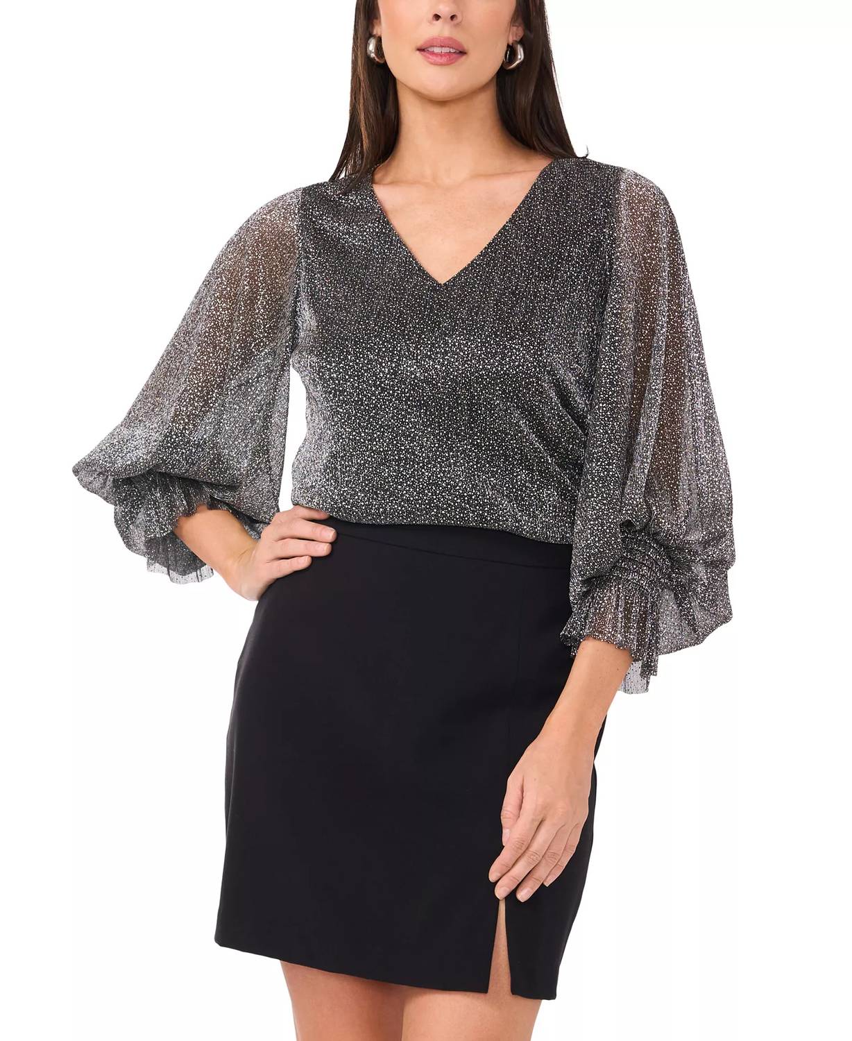Vince Camuto - Metallic V-neck Sheer Sleeve Top