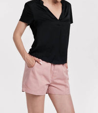 Another Love Lilo Mixed Media Short Sleeve Top in black - women's blouse - detail view