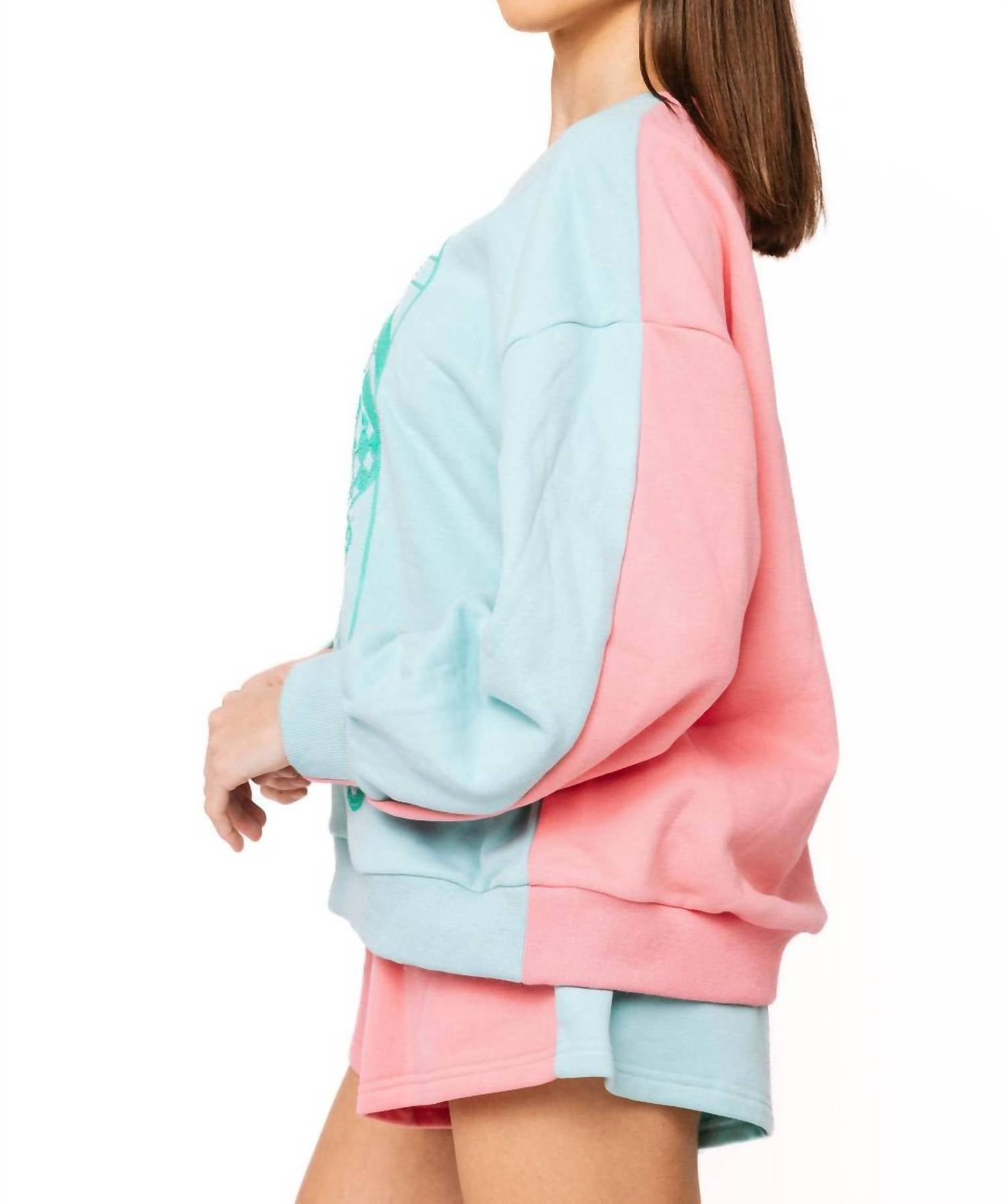 QUEEN OF SPARKLES Colorblock Logo Card Sweatshirt in aqua pink - women's top - detail view