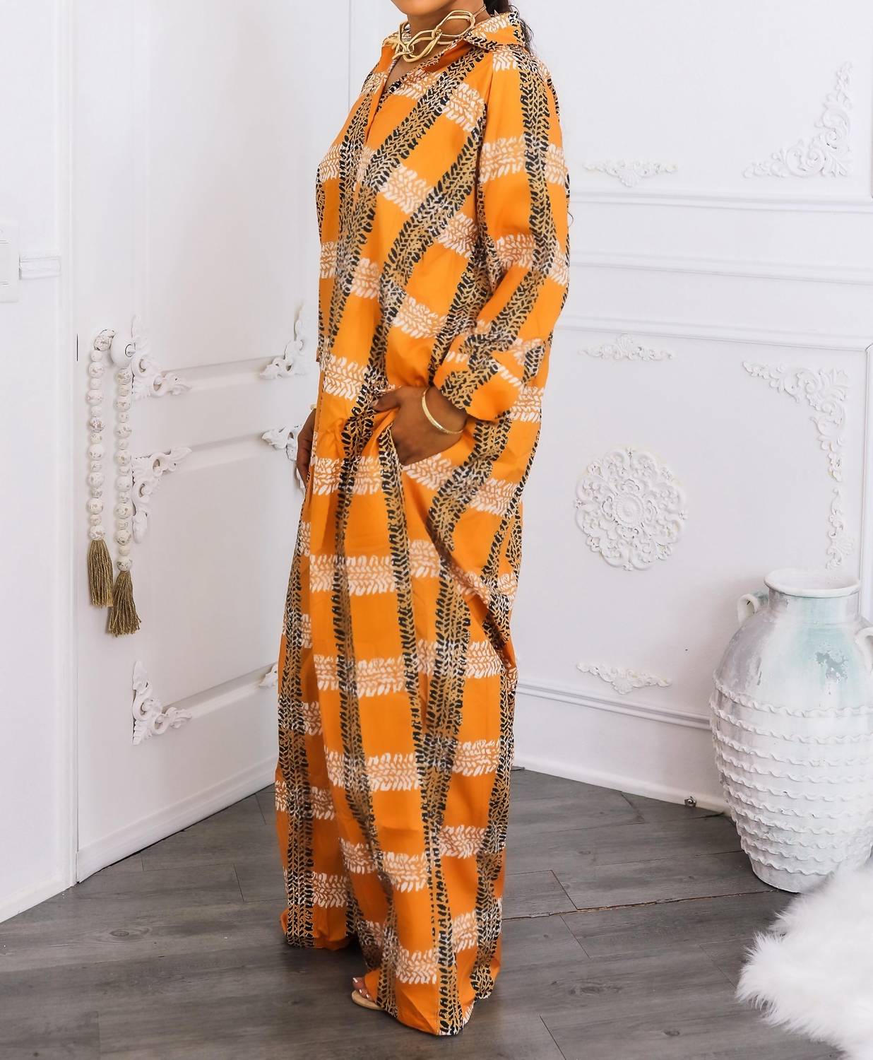 Surelymine - Oversized Tribal Print Button-up Kimono Jumpsuit