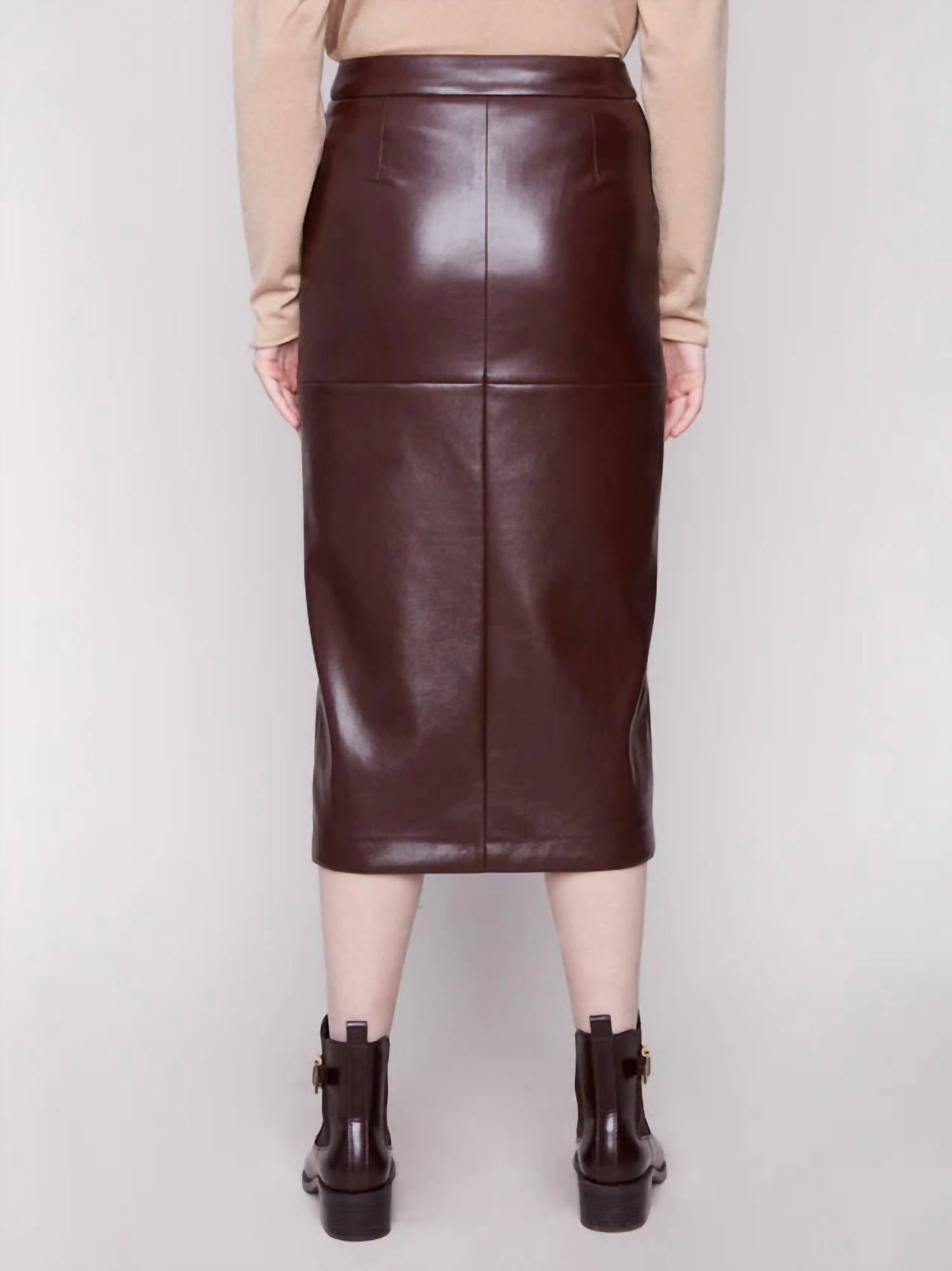 CHARLIE B Faux Leather Midi Skirt in cabernet 1 - women's skirt - detail view