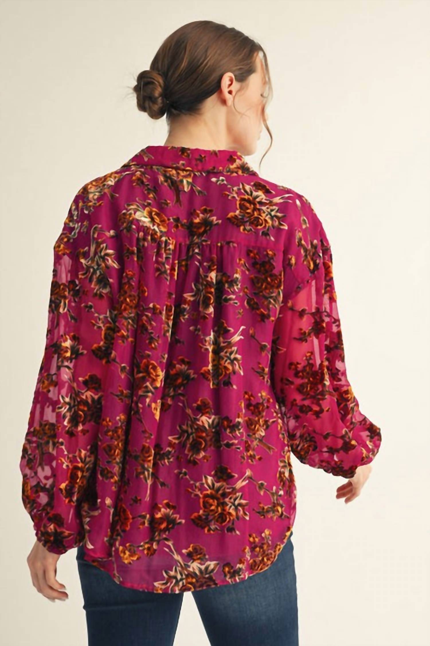 Jodifl - Raised Velvet Floral Printed Blouse
