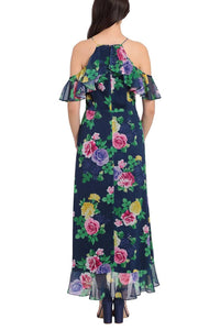 London Times - Floral Halter Off-the-Shoulder Dress