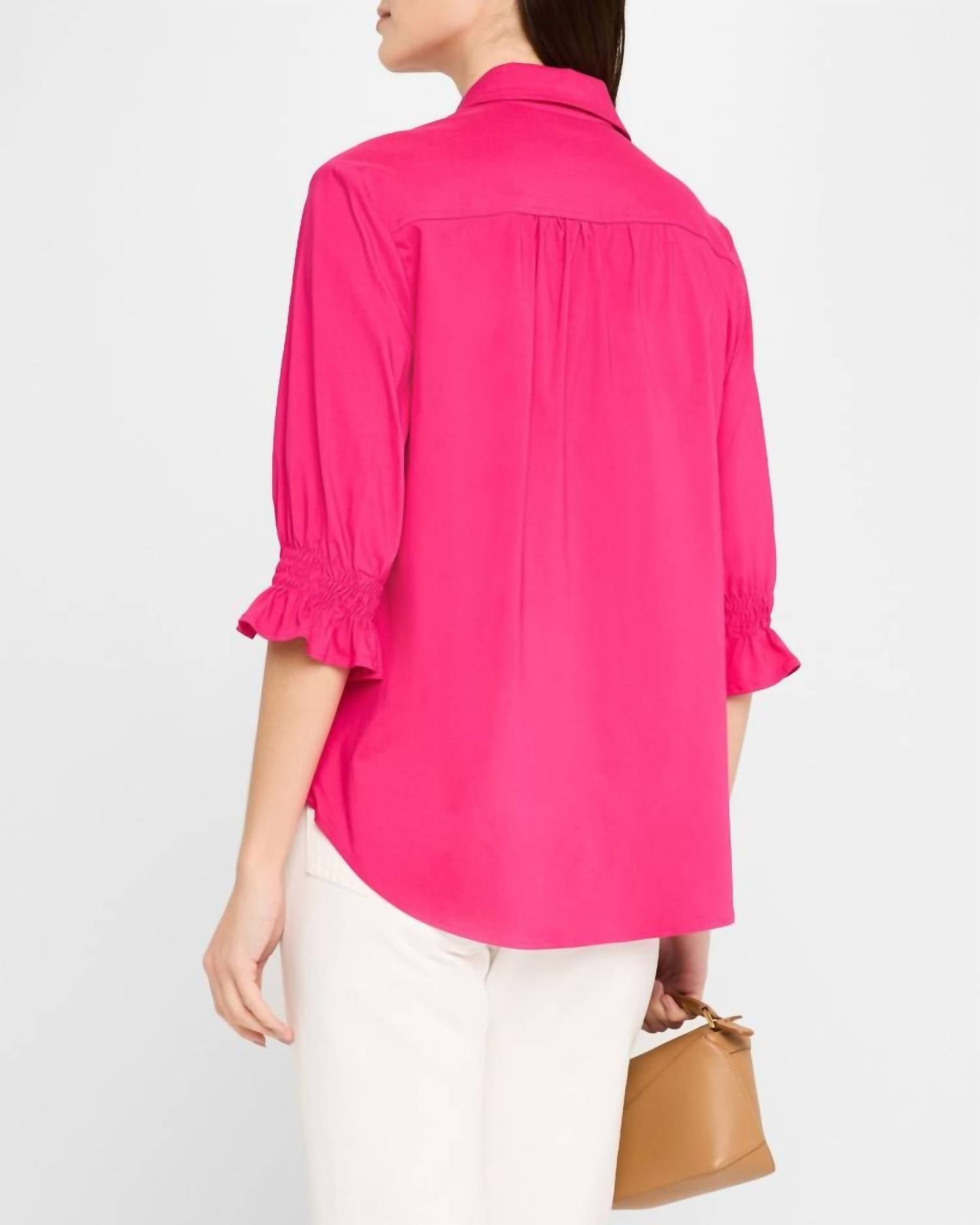 Finley Sirena Smocked Sleeve Shirt in fuschia - women's shirt - detail view