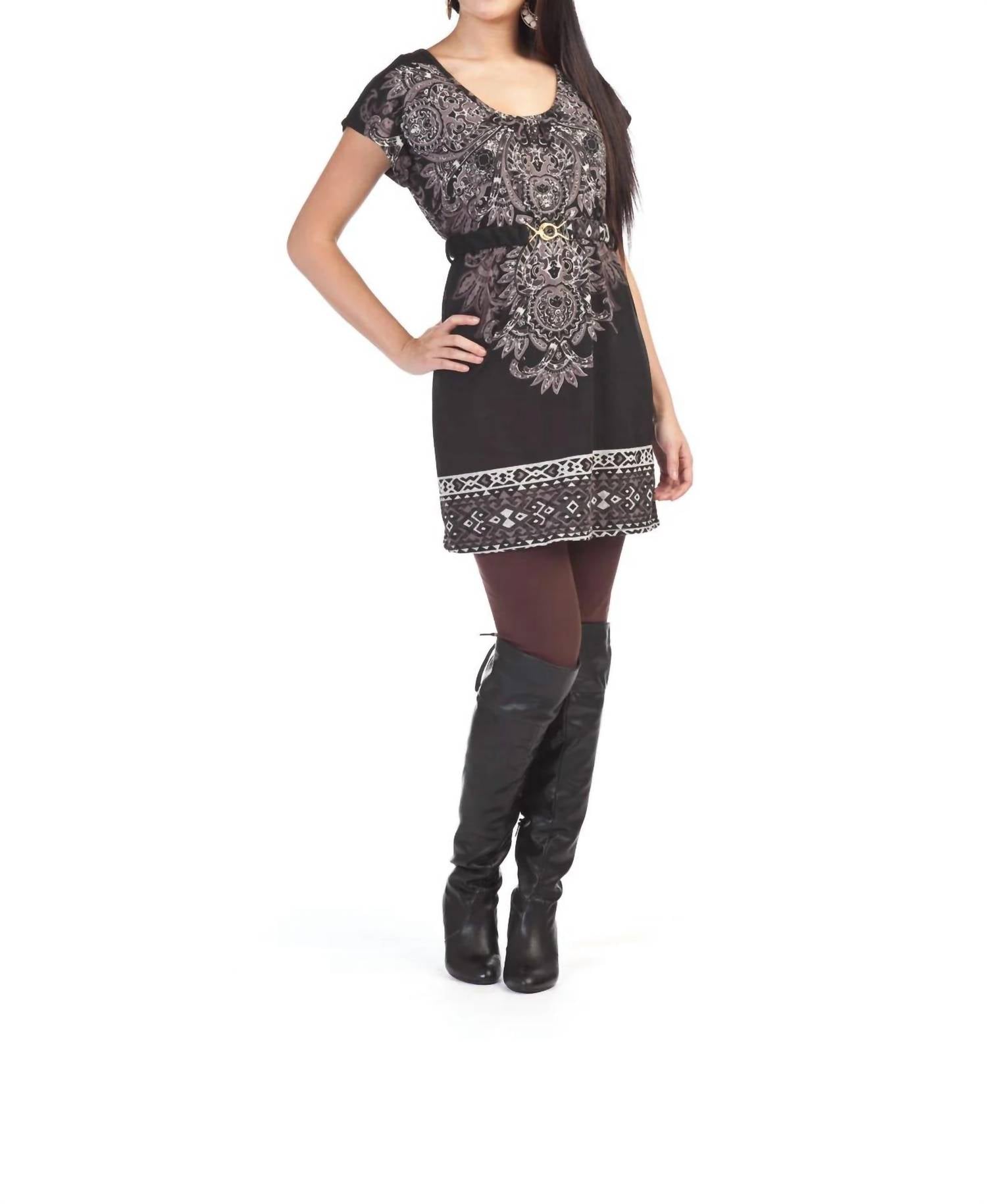 Papillon - Geometric Border With Belt Sweater Dress