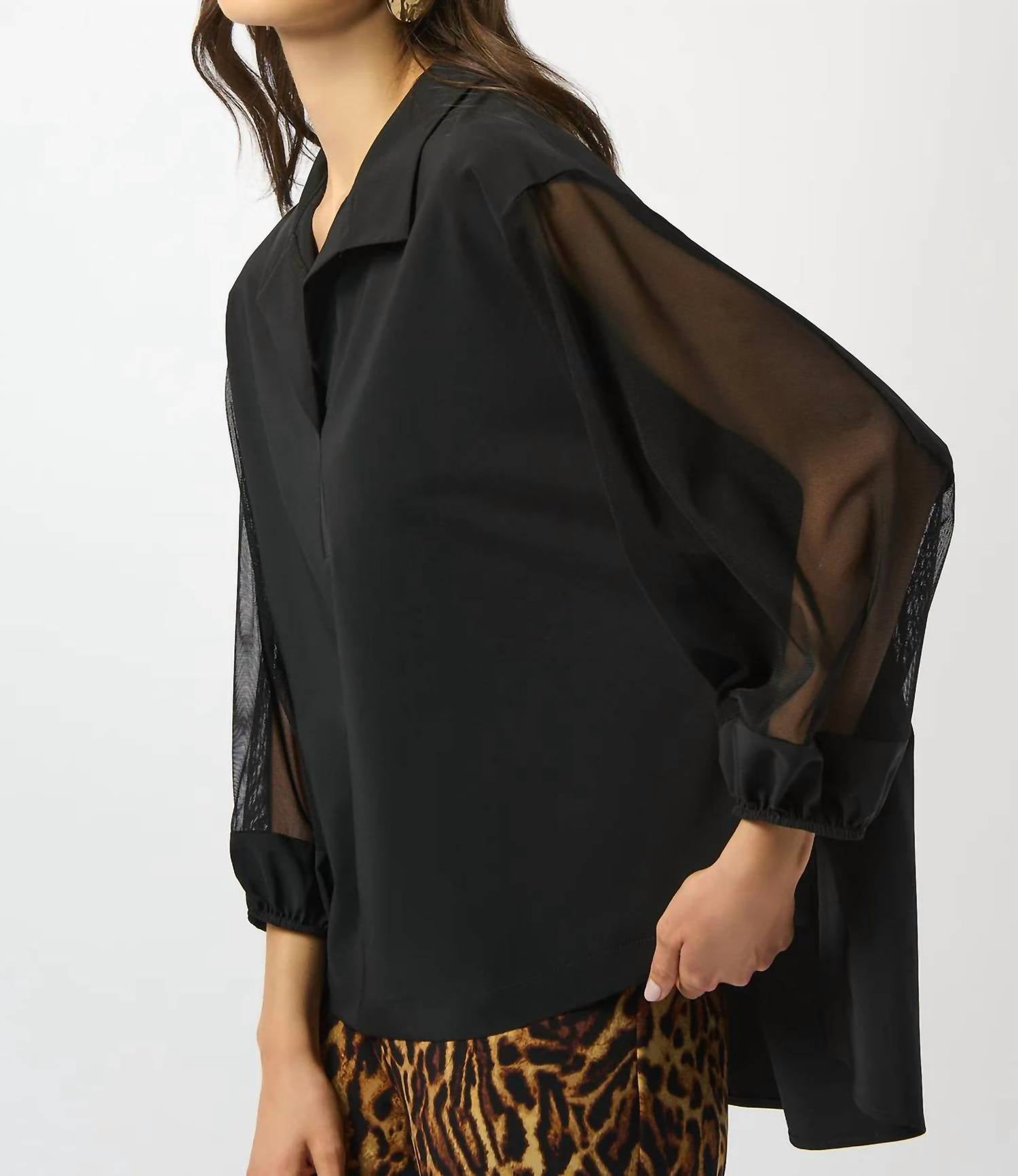 Joseph Ribkoff - Mesh Collared 3/4 Puff Sleeves Top