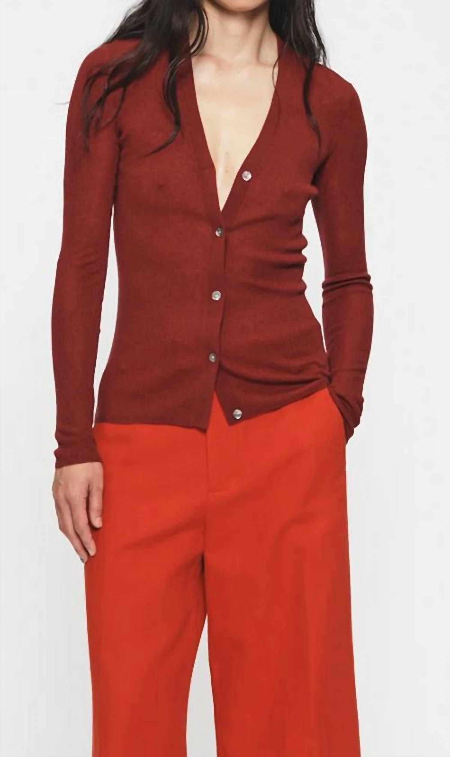 6397 Skinny Rib V Cardigan in wine - women's cardigan - view 4