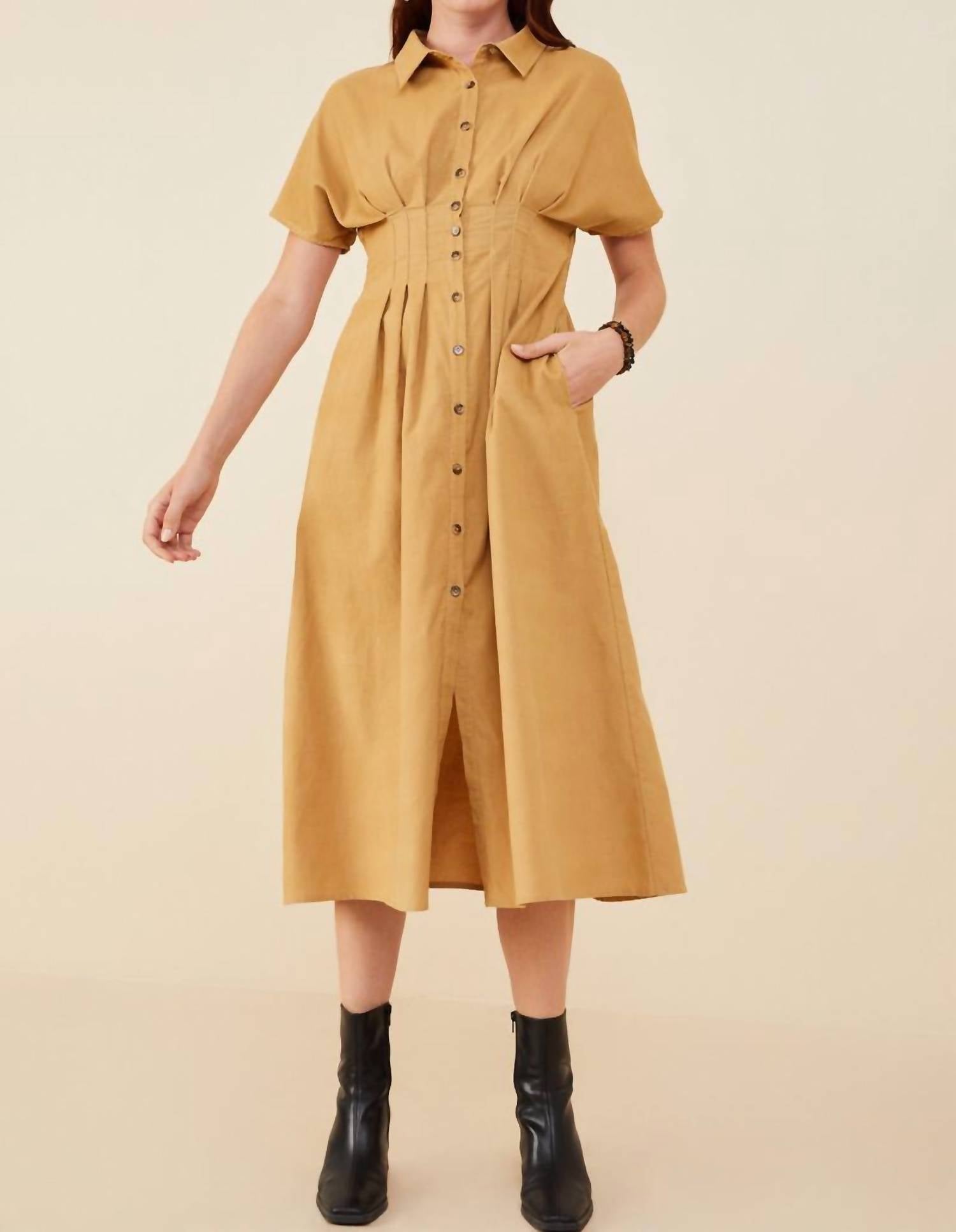 Hayden La - Pintucked Waist Button Up Corduroy Dress