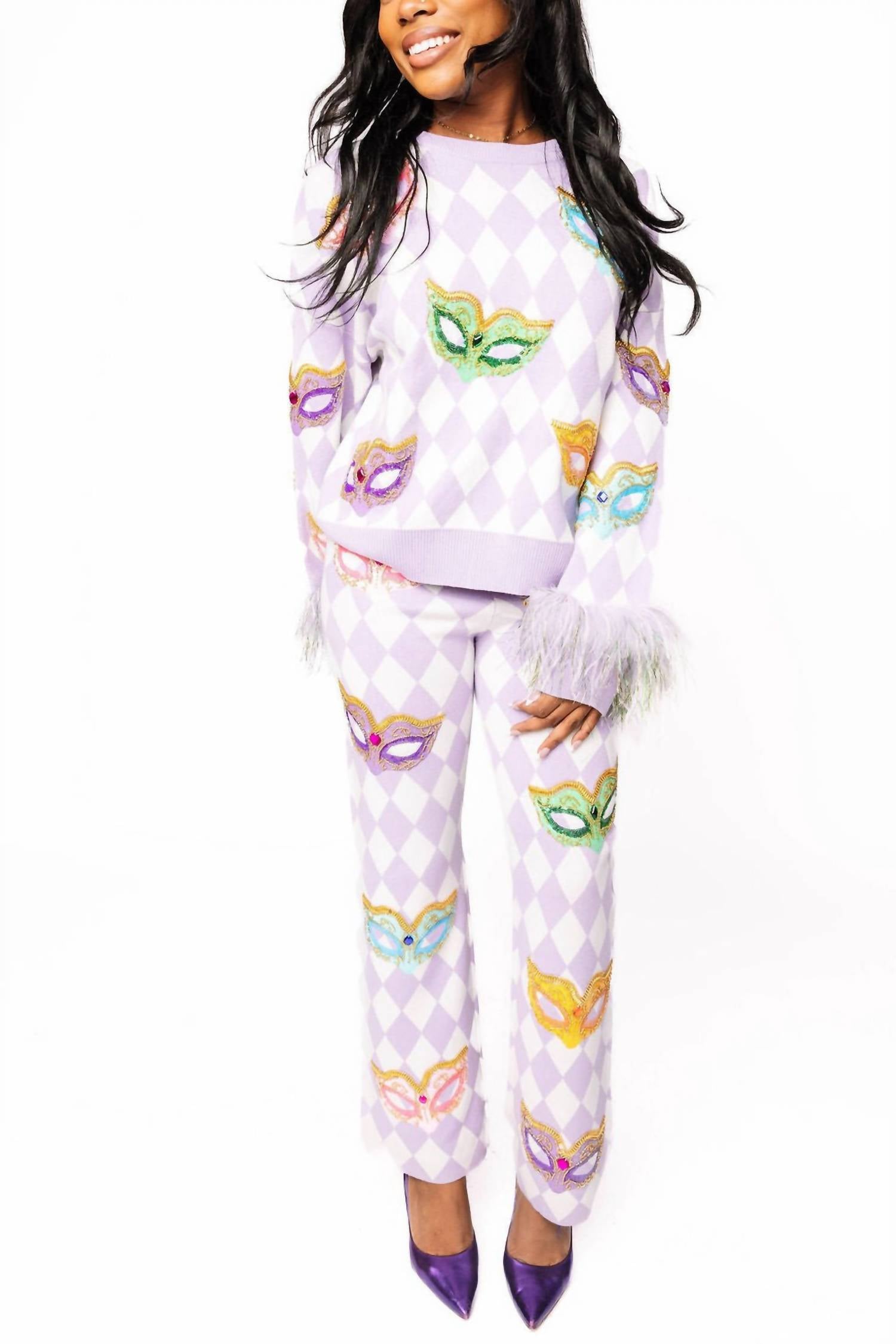 Queen Of Sparkles - Diamond Print Multi Mask Feather Sleeve Sweater