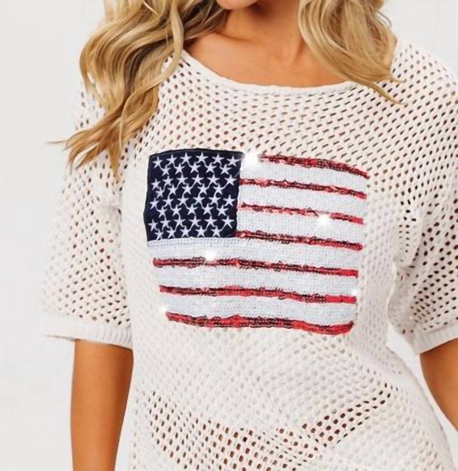 Bibi - Sequin American Flag Knit Cover Up Tee