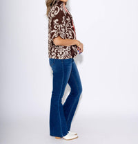 THML Abstract Print Puff Sleeve Top in brown - women's blouse - detail view