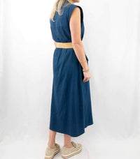 entro Linen Style Belted Midi Dress in navy - women's dress - alternate view