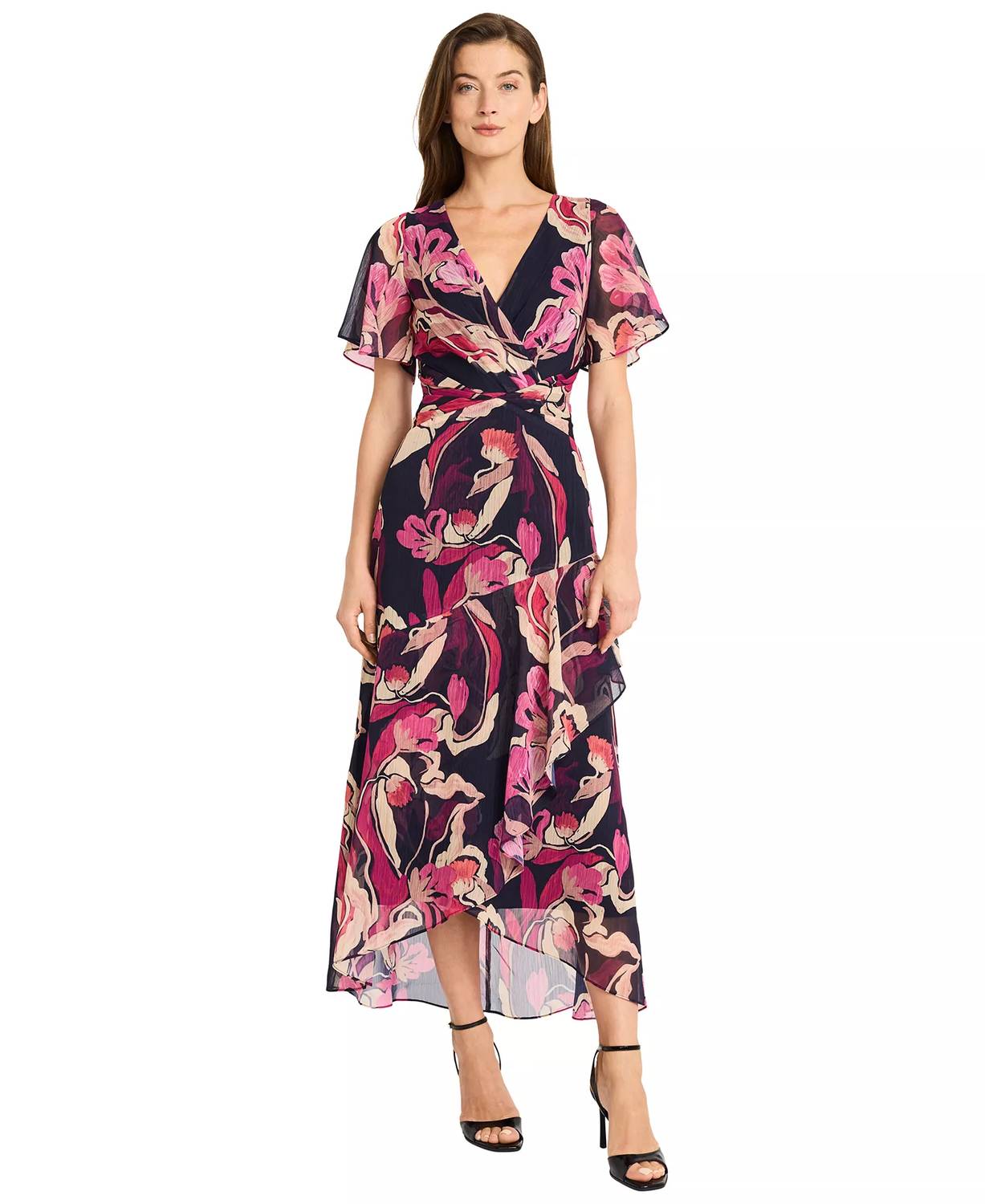 Maggy London - Printed V-neck Midi Fit & Flare Dress