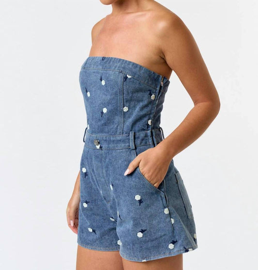 Blue Blush - Floral Embroidered Strapless Romper