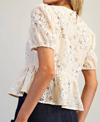Ee:Some - Floral Lace Puff Sleeve Blouse