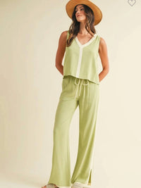 Anniewear - Linen Blend Contrast Trim Sleeveless Top And Pants Set