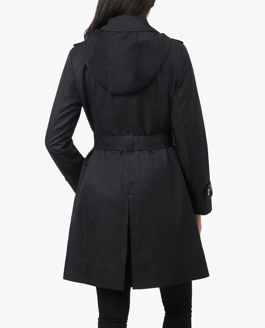 London Fog - Double Breasted Hooded Trench Coat With Waist Belt