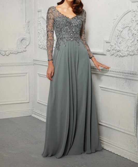 Mgny - Beaded Bodice Sheer Sleeve Dress