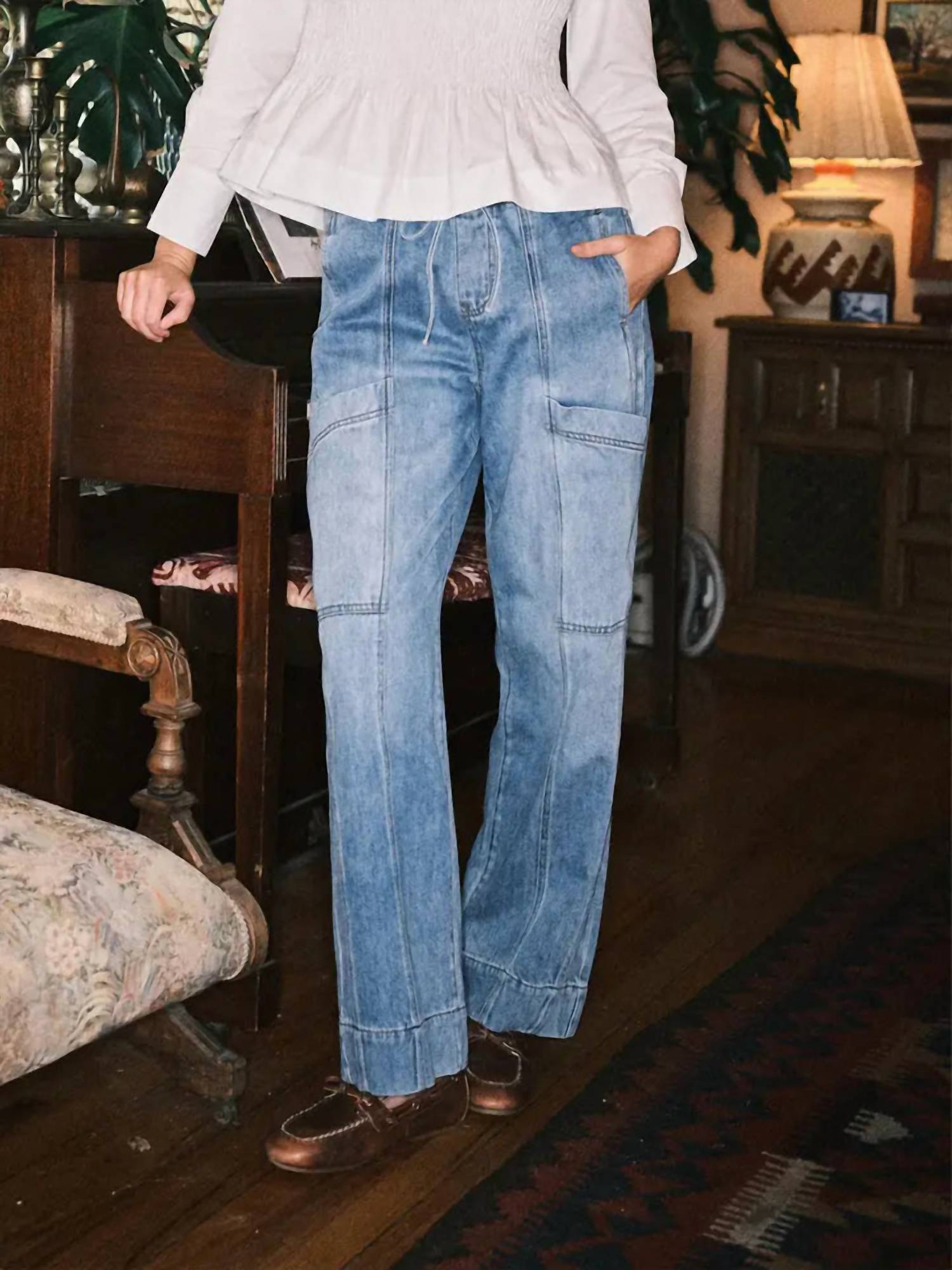 Aaron & Amber - Drawstring Waist Straight Soft Denim Pants
