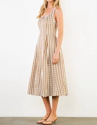 THML Gingham Midi Dress in brown pink - women's dress - detail view