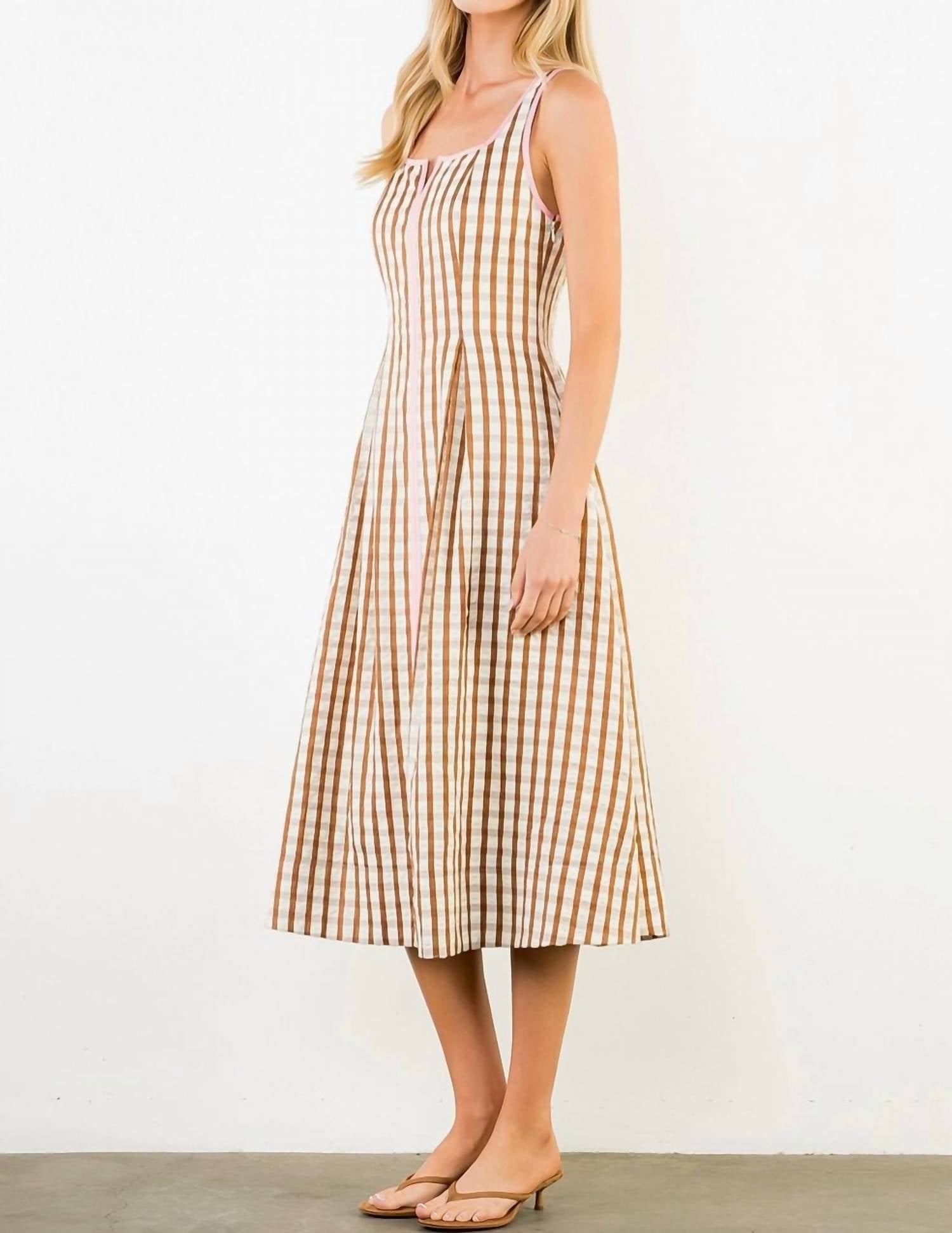 THML Gingham Midi Dress in brown pink - women's dress - detail view