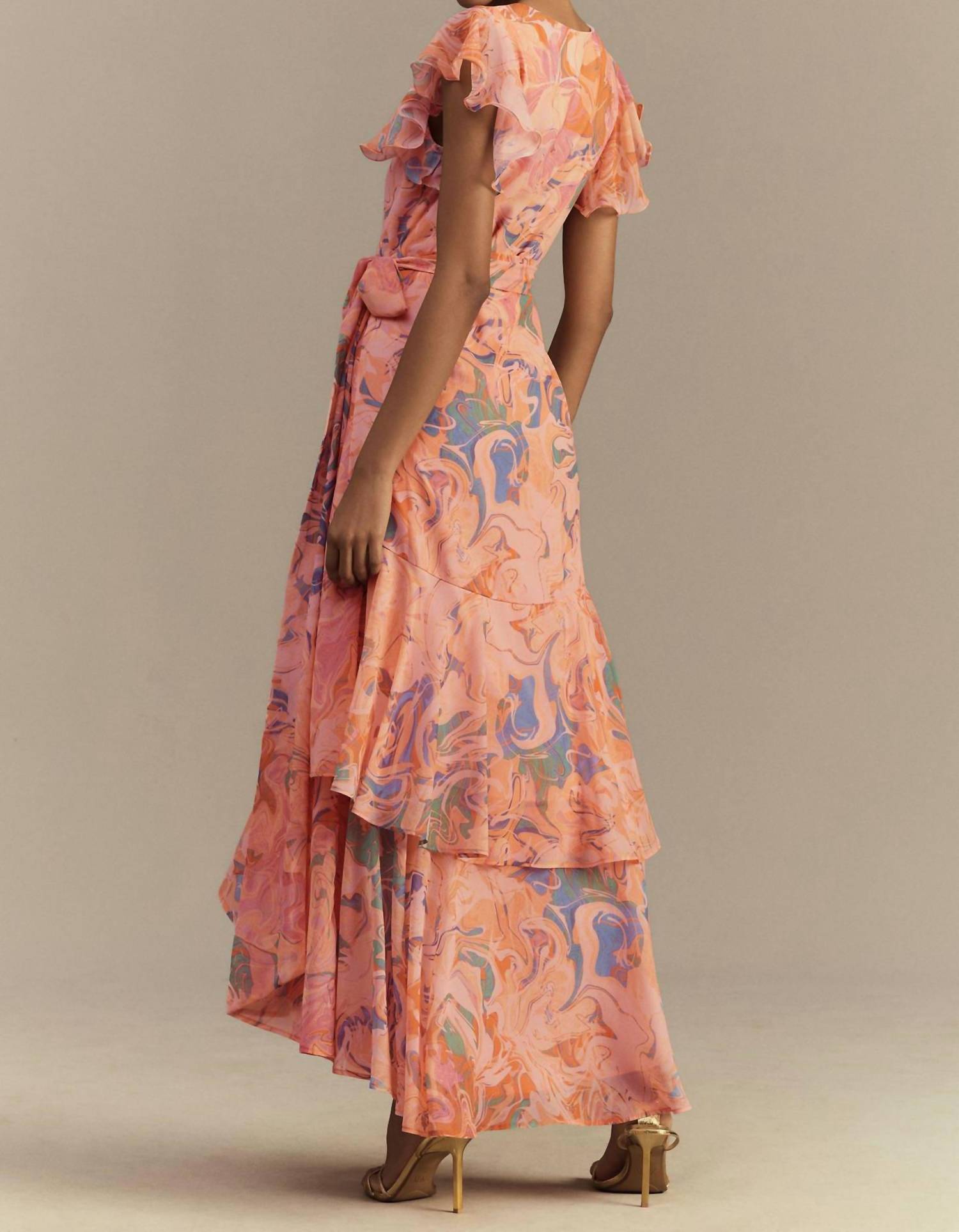 hutch Cezza Flutter Sleeve Ruffled Wrap Maxi Dress in pink - women's dress - detail view