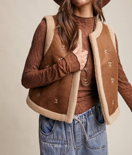 Listicle - Embroidered Faux Suede Shearling Vest