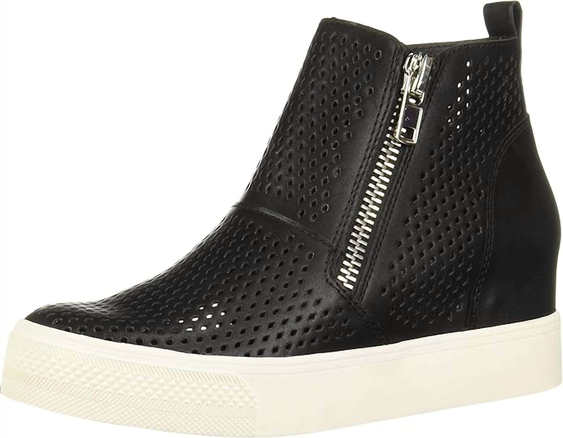 STEVE MADDEN Women's Wedgie Fashion Double Side Zipper Soft Sneakers in black perforated - women's sneaker