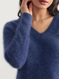 Margaret O'Leary Brushed Cashmere Vee Top in indigo - women's sweater - detail view