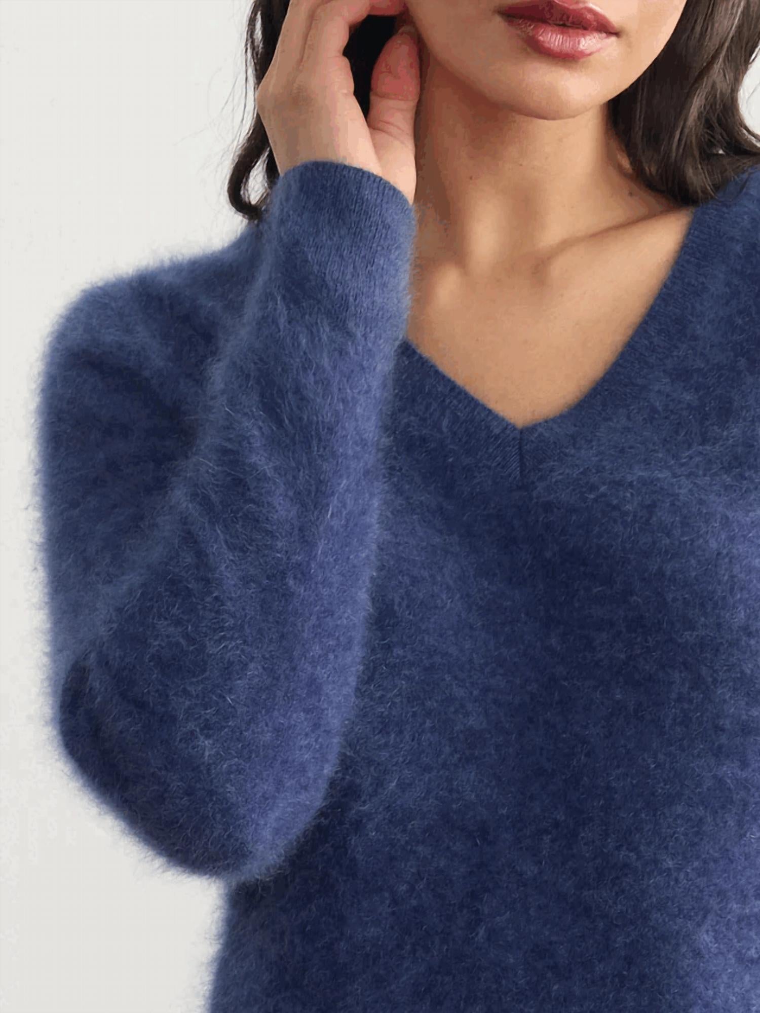 Margaret O'Leary Brushed Cashmere Vee Top in indigo - women's sweater - detail view