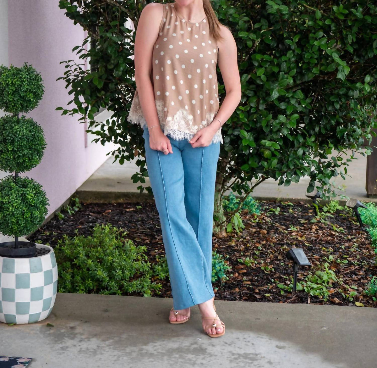 Entro - Latte Polka Dot Lace Trim Blouse