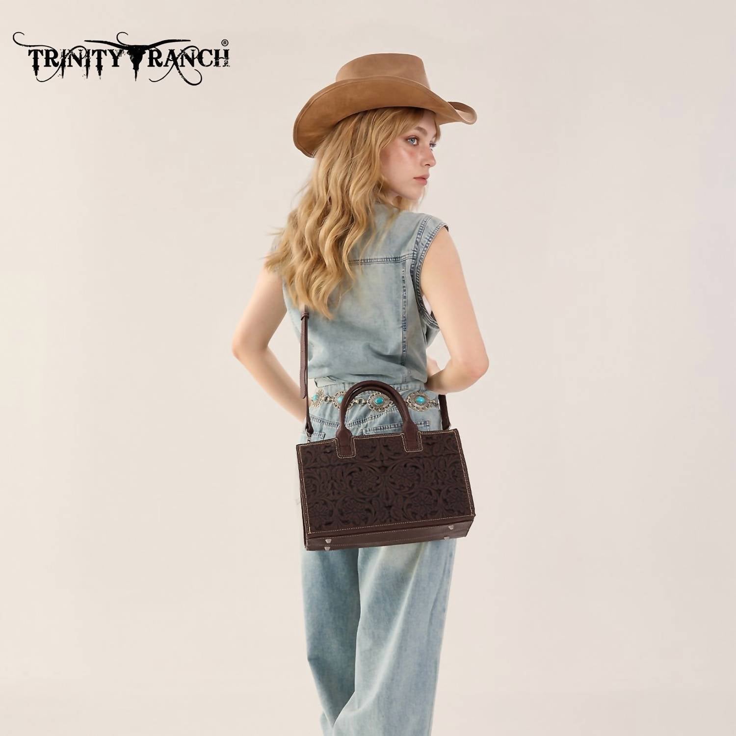 Trinity Ranch - Floral Tooled Leather Western Satchel Tote Bag
