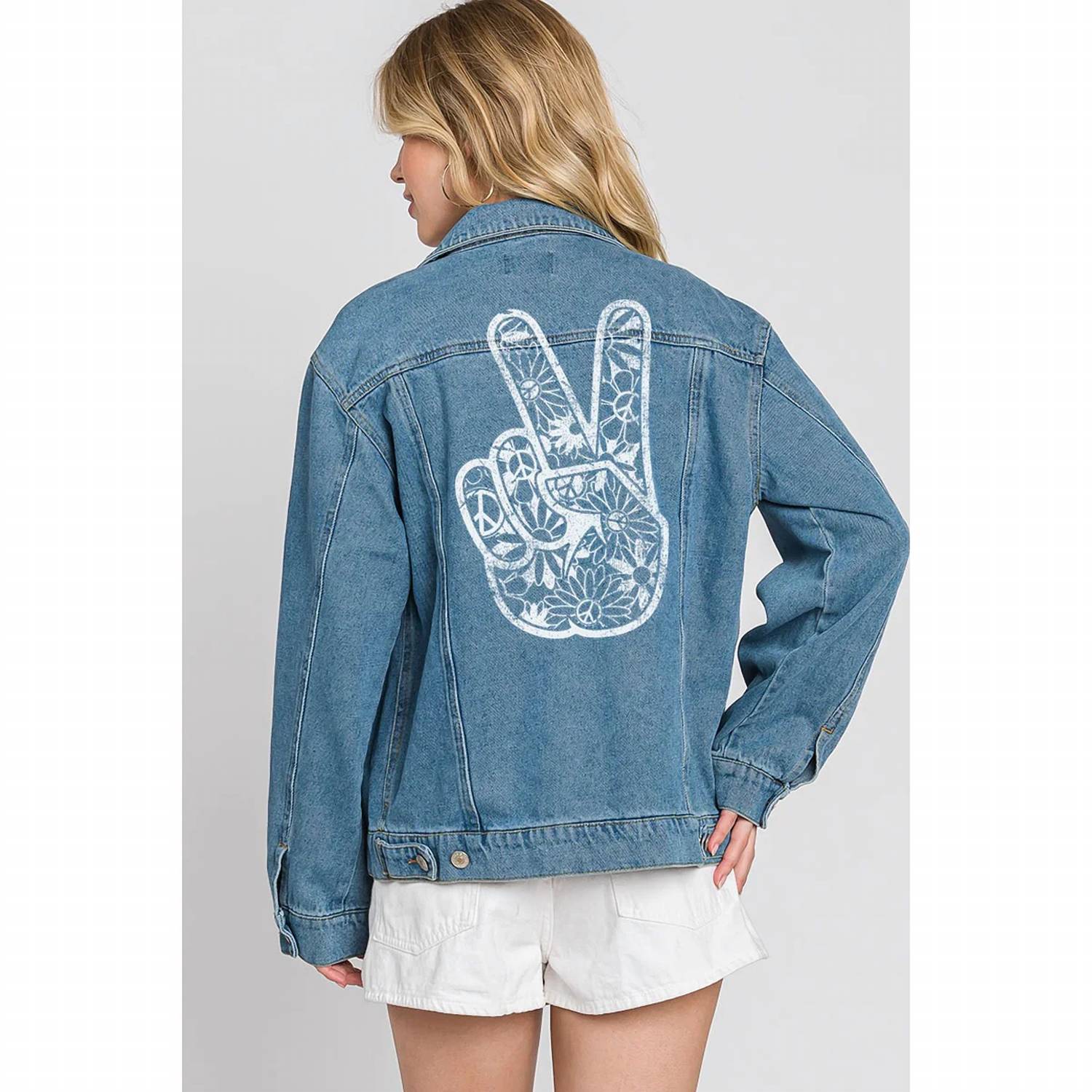 Hrt & Luv - Graphic Back Peace Hand Boyfriend Denim Jacket