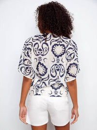 Charlie B - Side Tie Ornament Printed Cotton Gauze Blouse