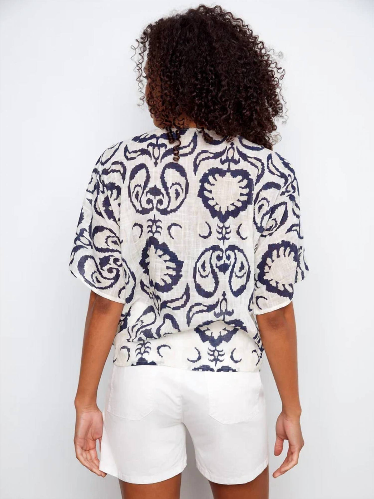 Charlie B - Side Tie Ornament Printed Cotton Gauze Blouse
