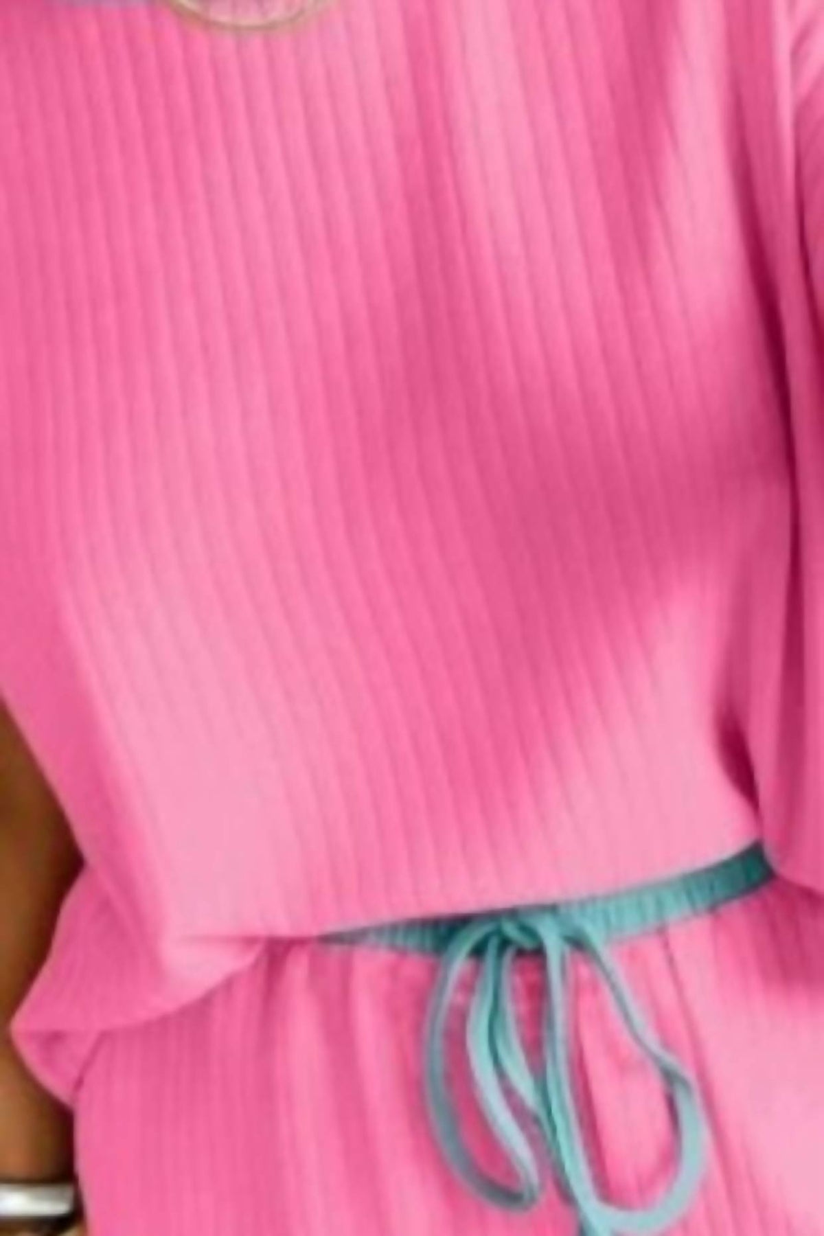 Shewin - Soft Ribbed Color Block Trim Casual Short Set