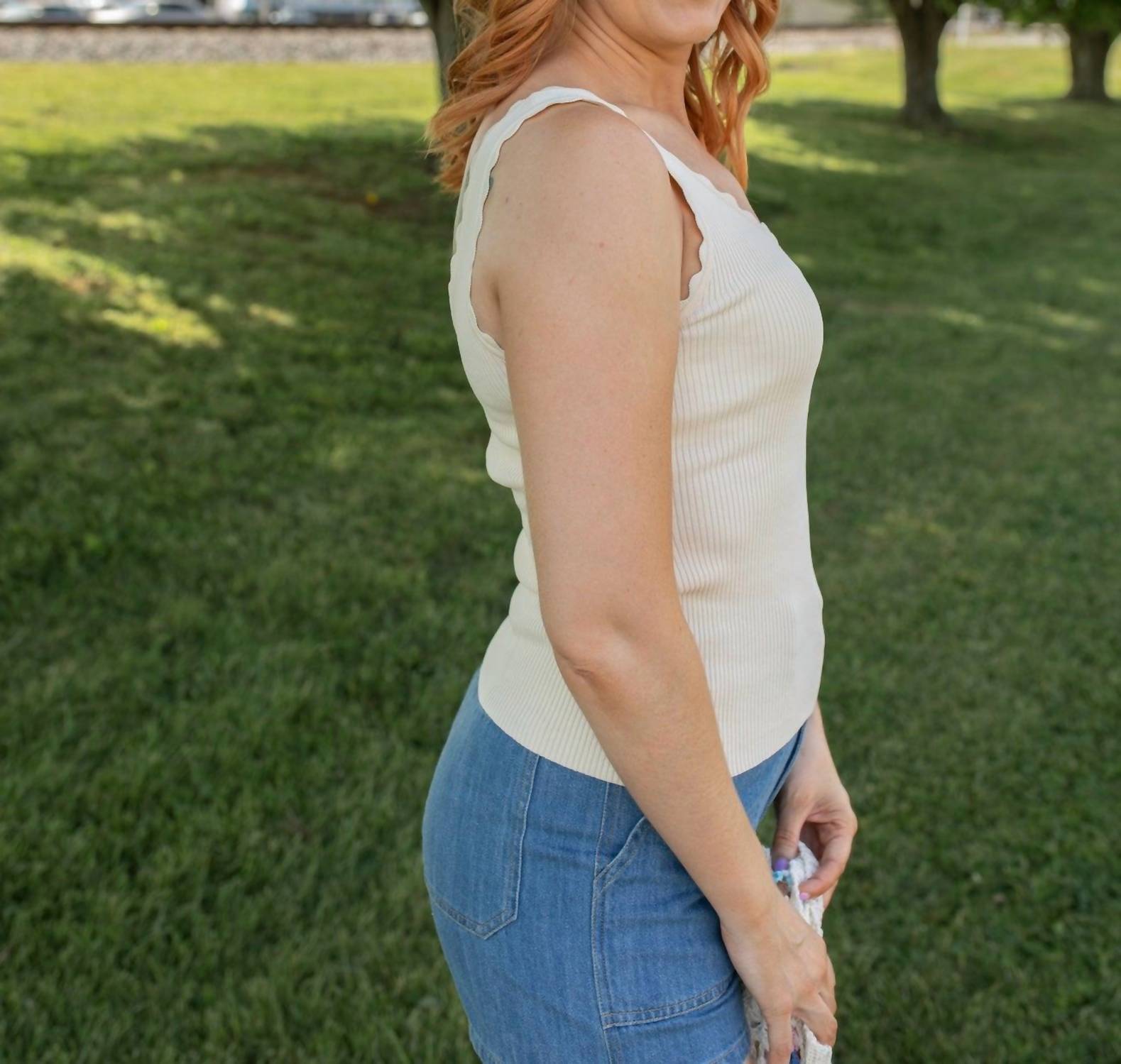 Hem & Thread Scallop Sweetheart Sweater Tank Top in cream - women's tank top - detail view