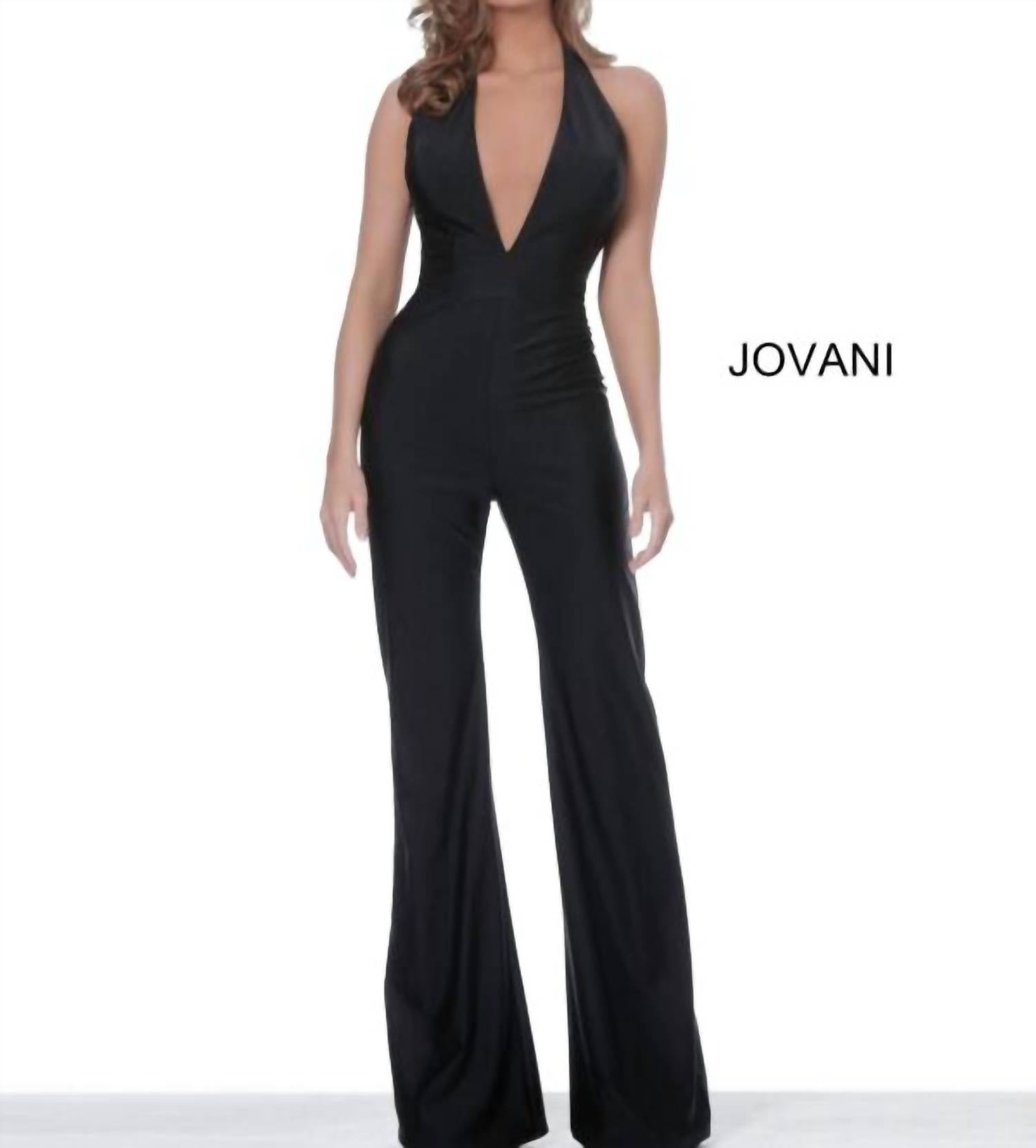 Jovani - Halter Neckline Backless Jumpsuit