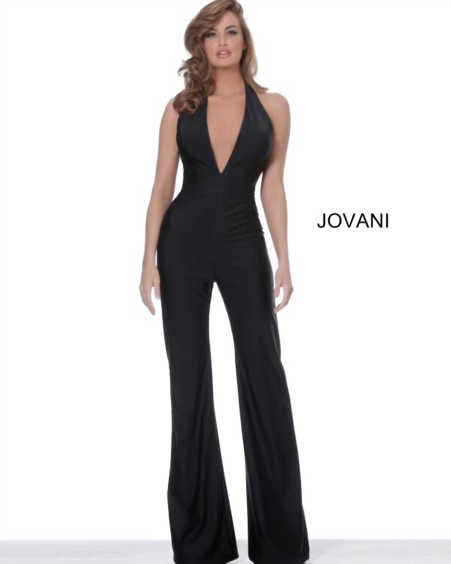 Jovani - Halter Neckline Backless Jumpsuit