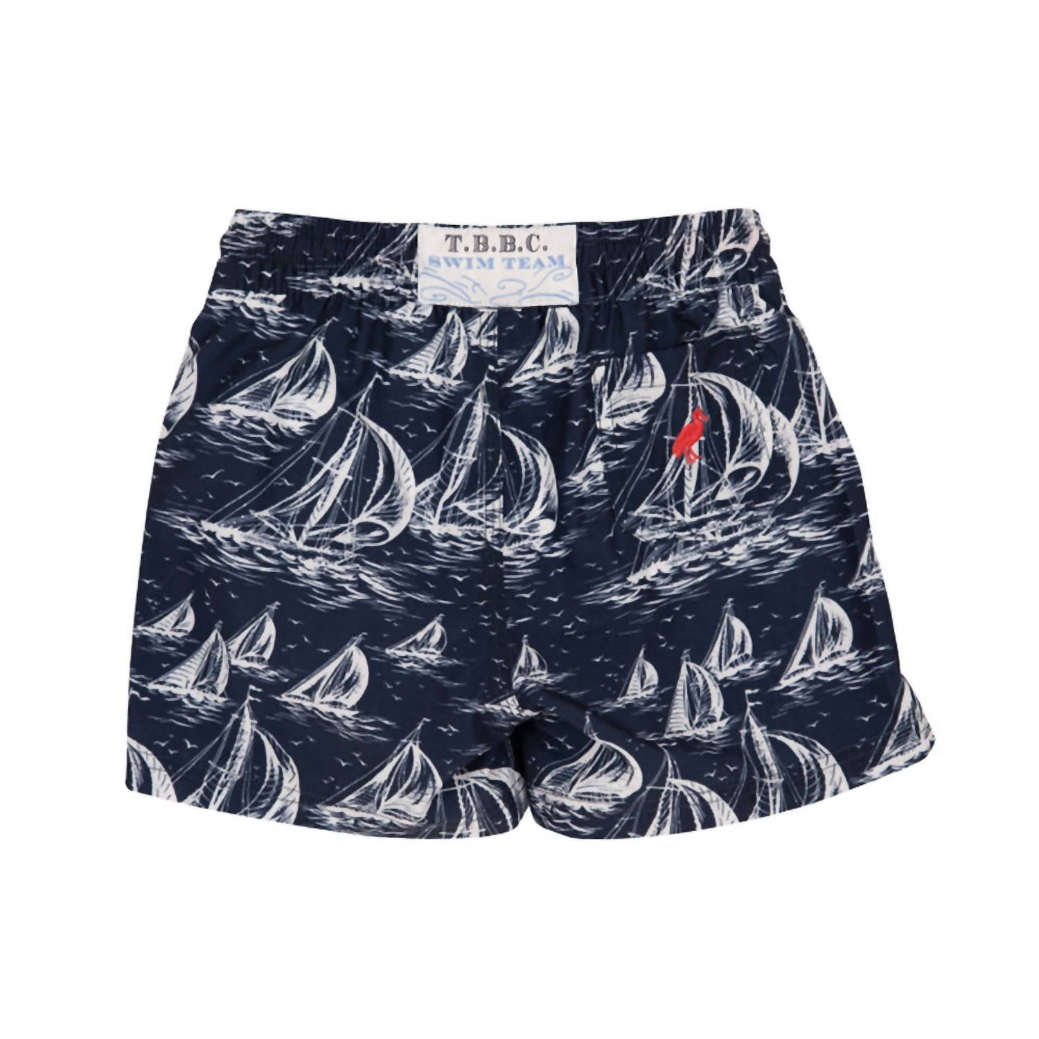 The Beaufort Bonnet Company Boy's Tortola Swim Trunk in st simon s sailboat with richmond red - kids' item - detail view