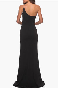 La Femme One Shoulder Jersey Slit Column Dress in black - women's dress - detail view