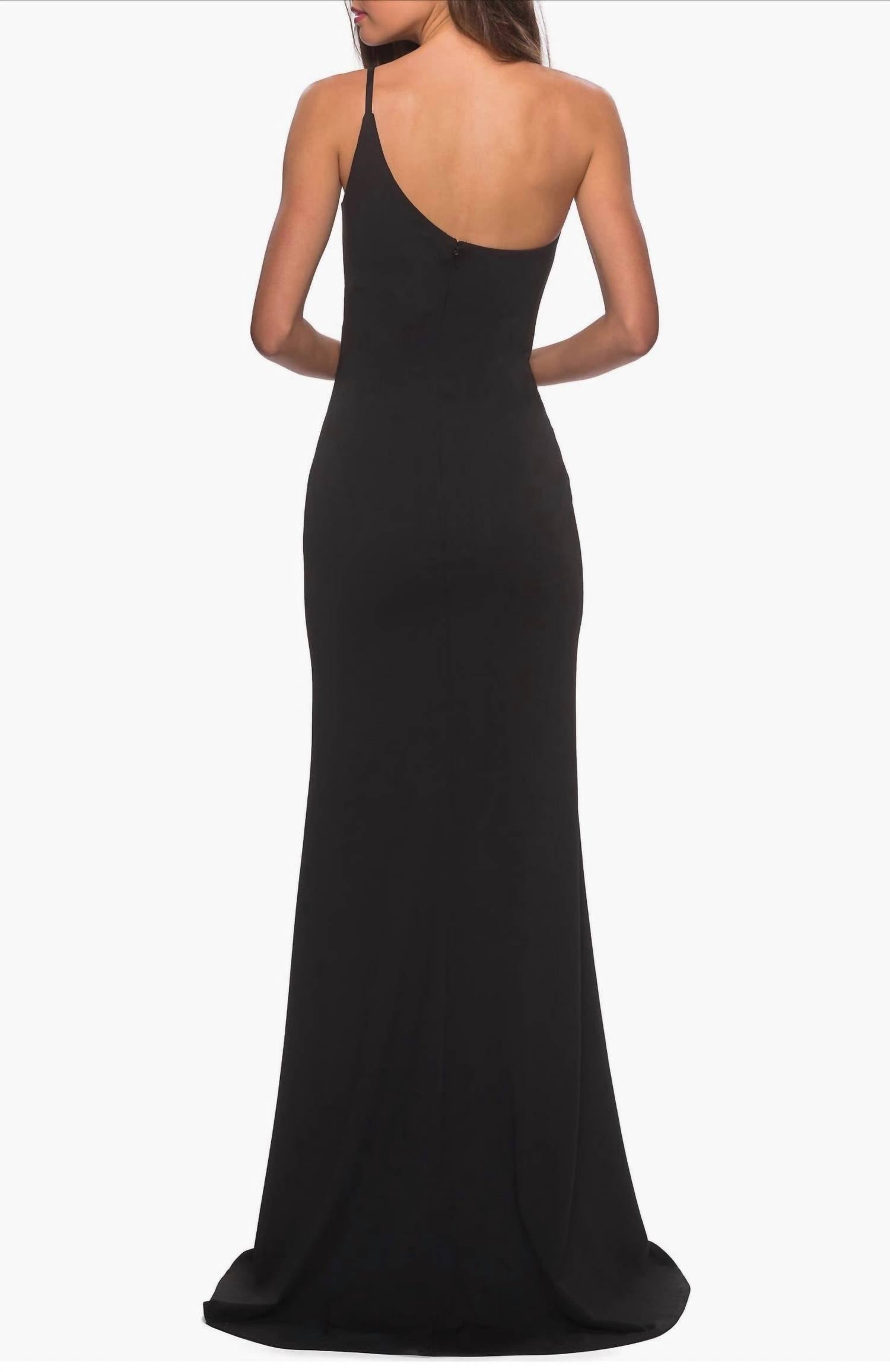 La Femme One Shoulder Jersey Slit Column Dress in black - women's dress - detail view