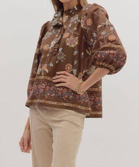 entro Ruffle Neck Shirt in brown pink floral - women's blouse - detail view